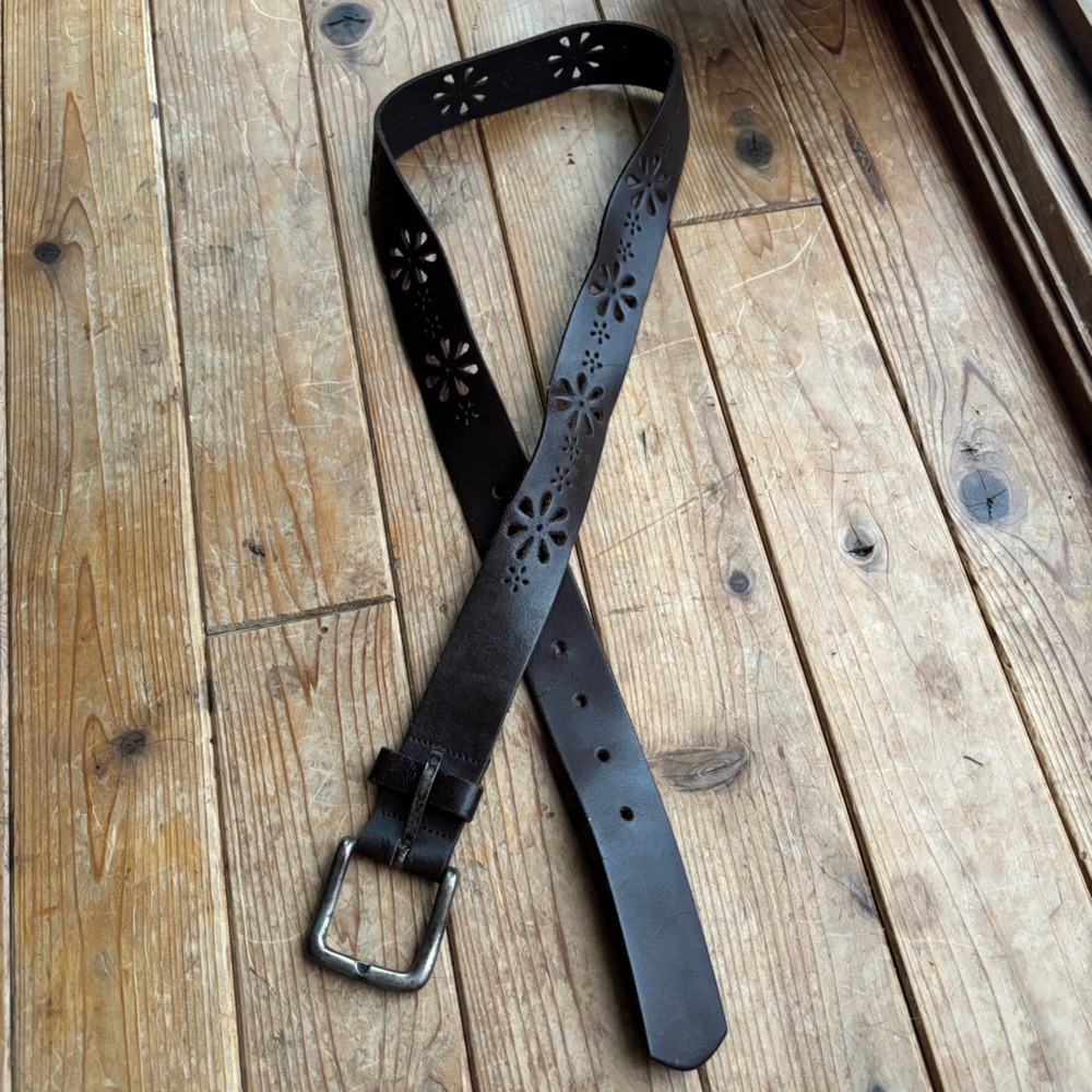 Brown Leather Belt with Floral Cut-Out Details